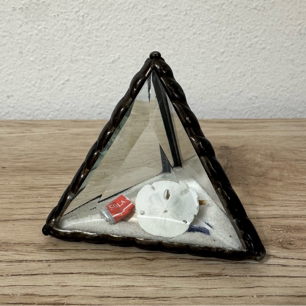 Beveled Glass Pyramid Paperweight Sand Seashells and Cola Can Inside Coastal